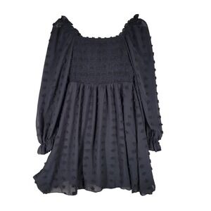 EXLURA Black Swiss Dot Smocked Square Neck Long Sleeve Mini Dress XS Whimsigoth